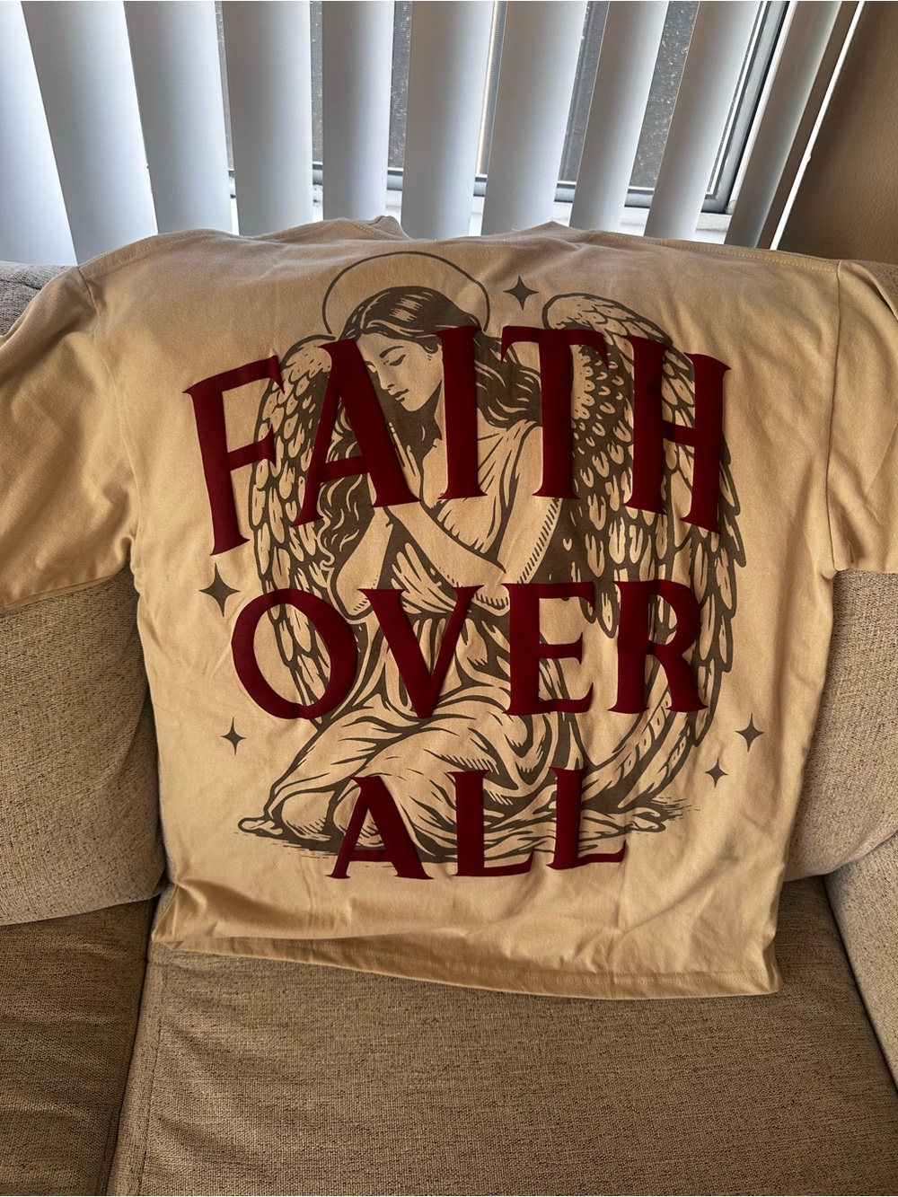 JaqWin Faith Over All Graphic Tee - Beige with Burgundy Print